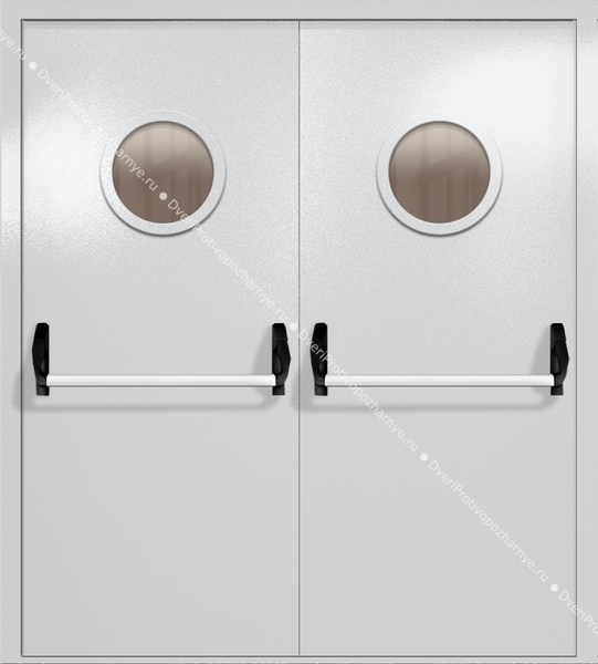 Двупольная дверь ei-60 с круглыми стеклами и ручками «антипаника» (цвет светло-серый RAL 7047) Двупольная дверь ei-60 с круглыми стеклами и ручками «антипаника» (цвет светло-серый RAL 7047)