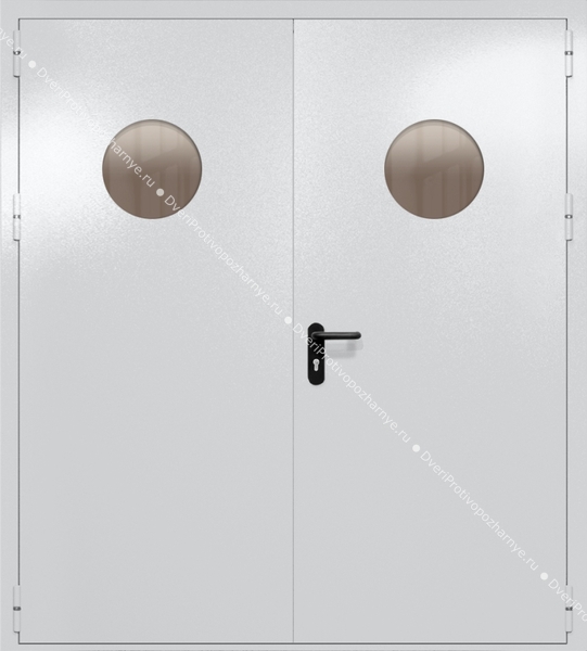 Двупольная дверь ei-60 с круглыми стеклами и ручками «антипаника» (цвет светло-серый RAL 7047) Двупольная дверь ei-60 с круглыми стеклами и ручками «антипаника» (цвет светло-серый RAL 7047)