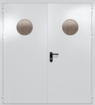 Двупольная дверь ei-60 с круглыми стеклами и ручками «антипаника» (цвет светло-серый RAL 7047)