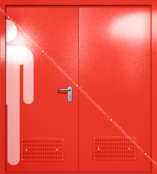 Двупольная глухая дверь ei-60 с обозначением санузла и вентиляцией (цвет красный RAL 3020)