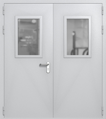 Двупольная дверь ei-60 со стеклами 600x400 и ручками хром (цвет светло-серый RAL 7047) Двупольная дверь ei-60 со стеклами 600x400 и ручками хром (цвет светло-серый RAL 7047)