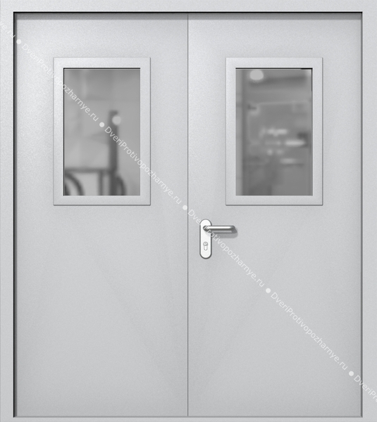 Двупольная дверь ei-60 со стеклами 600x400 и ручками хром (цвет светло-серый RAL 7047)