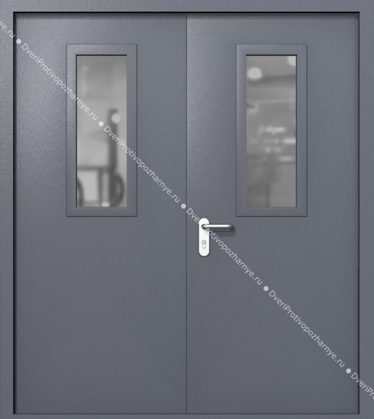 Двупольная дверь ei-60 со стеклами 700x300 и ручками хром (цвет темно-серый RAL 7015)