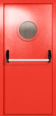 Однопольная дверь ei-60 с круглым стеклом и ручкой «антипаника» (цвет красный RAL 3020) Однопольная дверь ei-60 с круглым стеклом и ручкой «антипаника» (цвет красный RAL 3020)