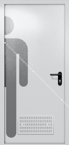 Однопольная глухая дверь ei-60 с обозначением санузла и вентиляцией (цвет светло-серый RAL 7047) Однопольная глухая дверь ei-60 с обозначением санузла и вентиляцией (цвет светло-серый RAL 7047)