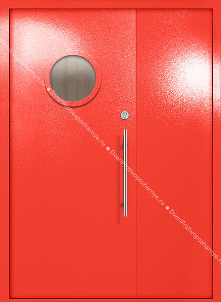 Полуторапольная техническая дверь с круглым стеклом (цвет красный RAL 3020)