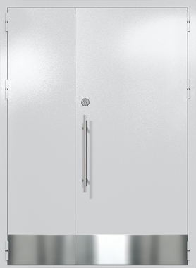 Полуторапольная глухая техническая дверь с отбойниками (цвет светло-серый RAL 7047) Полуторапольная глухая техническая дверь с отбойниками (цвет светло-серый RAL 7047)