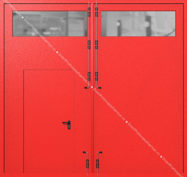 Распашные крупногабаритные ворота ei-60 с остеклением и калиткой (цвет красный RAL 3020)